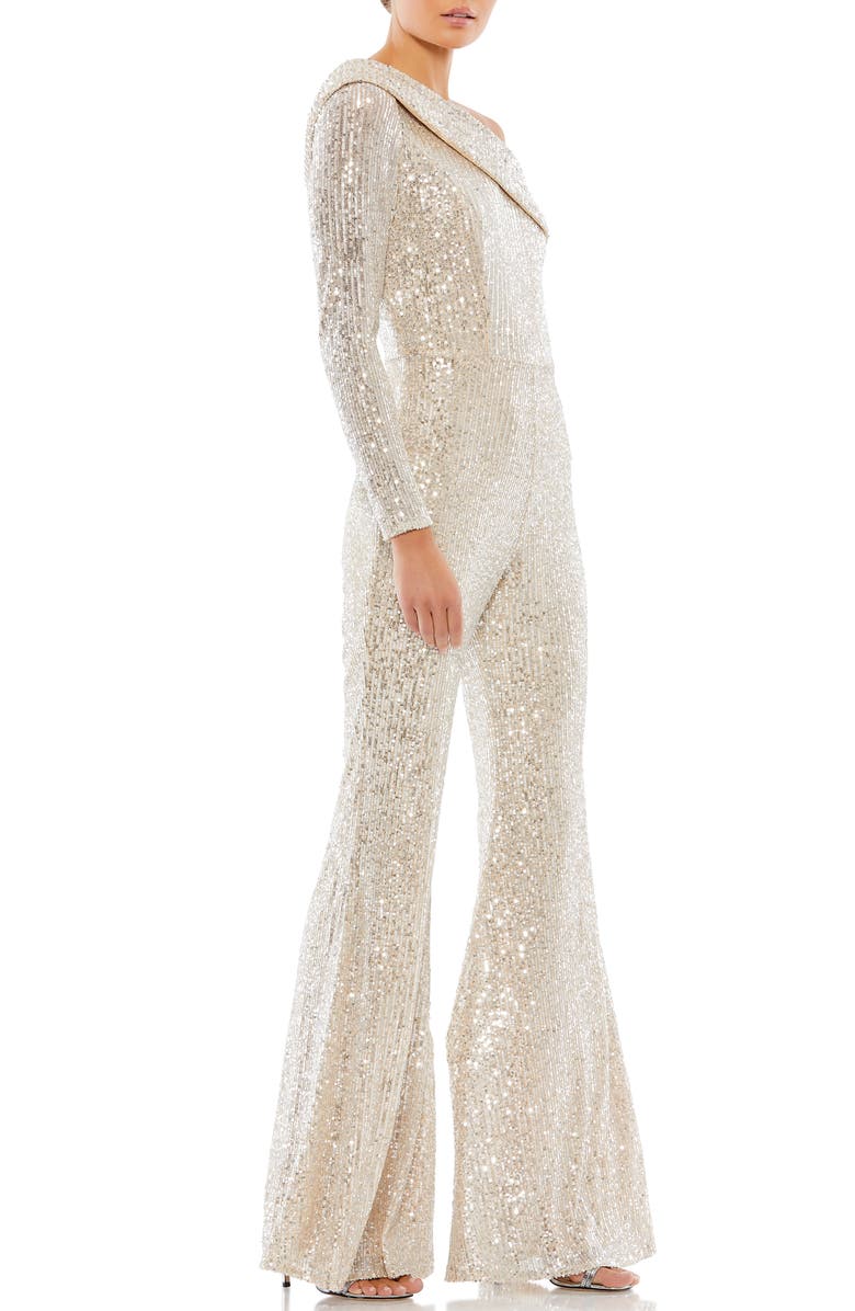Mac Duggal Sequin One-Shoulder Long Sleeve Jumpsuit, Alternate, color, 