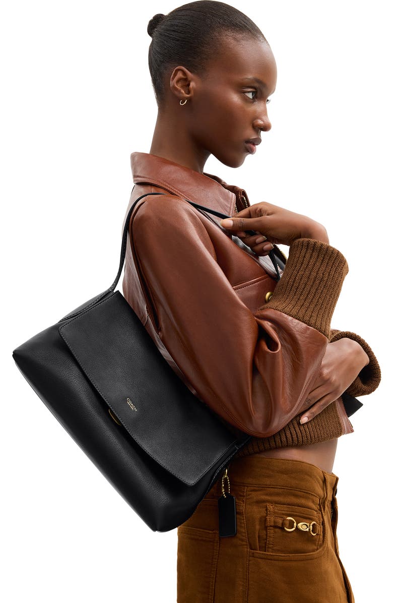 COACH Chelsea 30 Natural Grain Leather Shoulder Bag, Alternate, color, Black