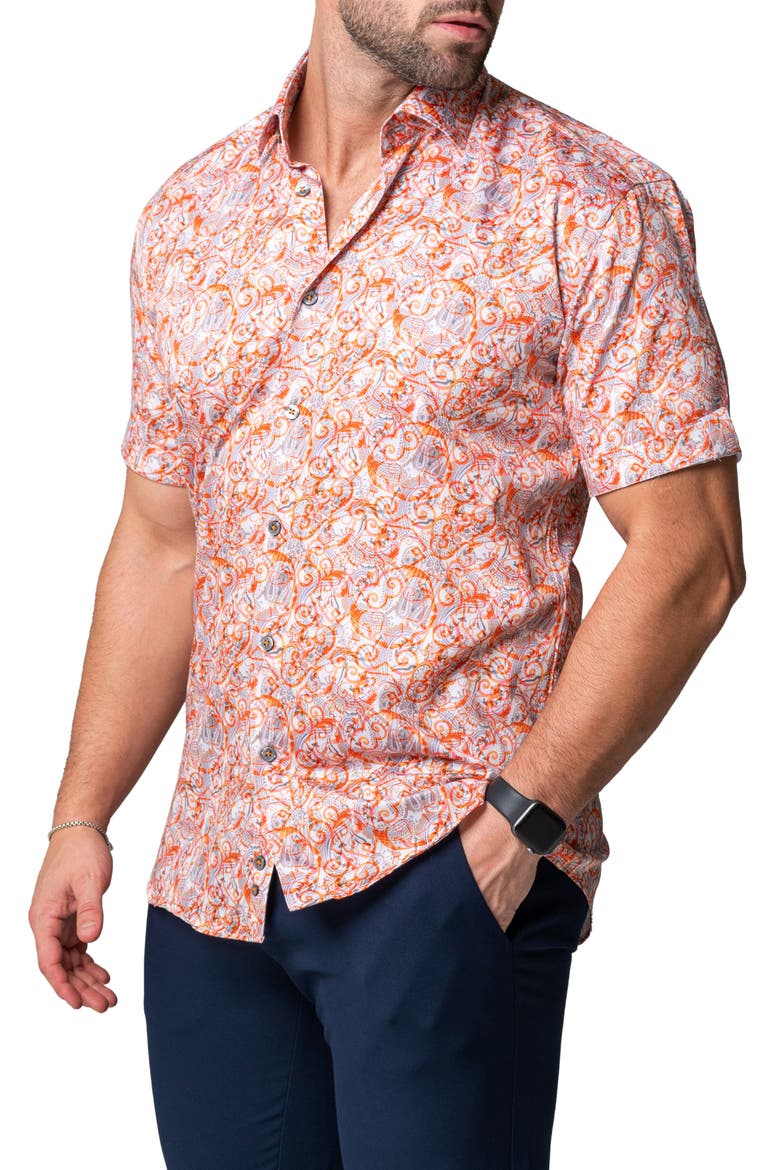 Galileo Geometric Short Sleeve Cotton Button-Up Shirt, Alternate, color, ORANGE