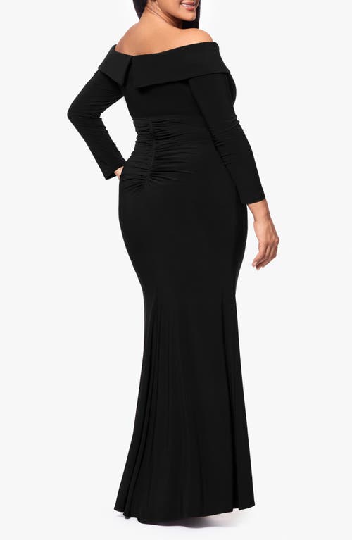 Xscape Evenings Ruched Off The Shoulder Long Sleeve Sheath Gown In Black