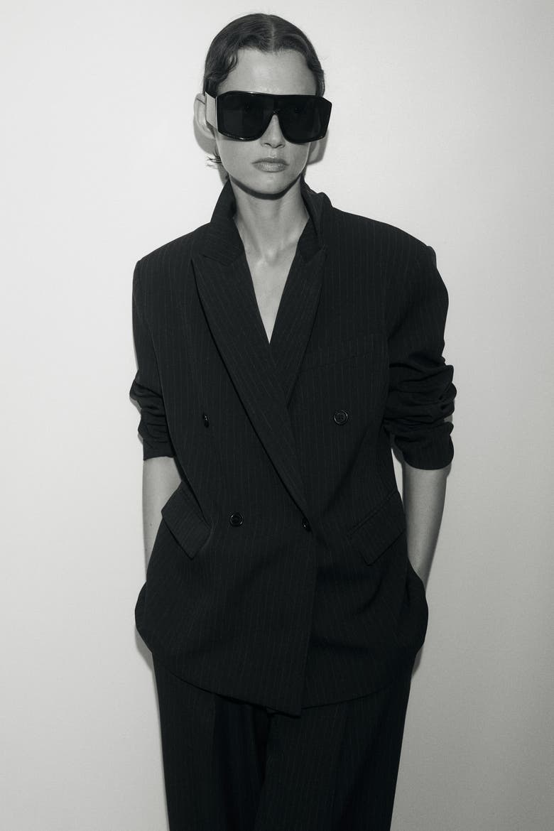 Double-Breasted Blazer, Alternate, color, Dark brown/pinstriped