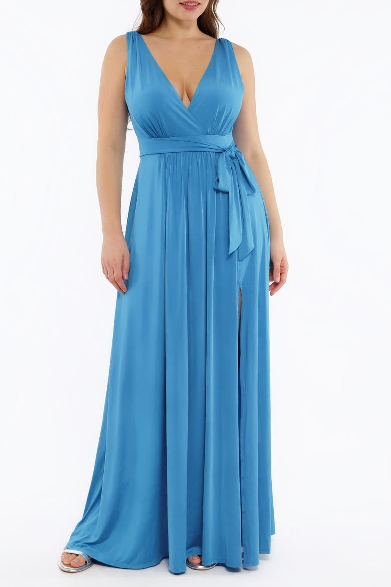 Shapewear Deep V-Neck Front Slit Goddess Maxi Dress, Main, color, Baby Blue