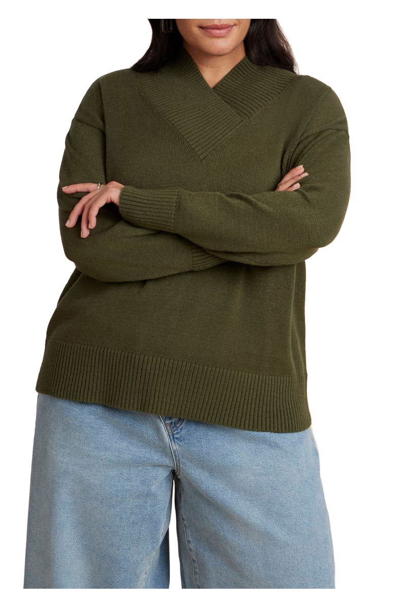 ELOQUII Overlap Mockneck Sweater, Main, color, Dark Forest Green