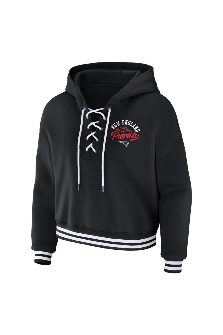 Women's WEAR by Erin Andrews Black New England Patriots Lace-Up Pullover Hoodie, Alternate, color, Black