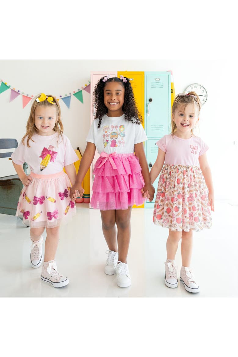 School Doodle Bow Grid Short Sleeve T-Shirt, Alternate, color, White