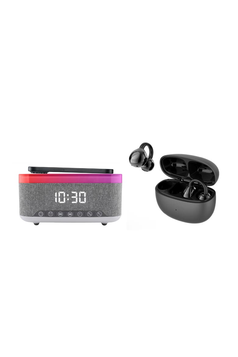 Wireless Alarm Clock Speaker & Earbuds, Main, color, Black