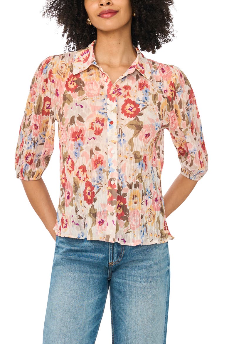 Flutter Sleeve Floral Button-Down Shirt, Main, color, SAND DRIFT