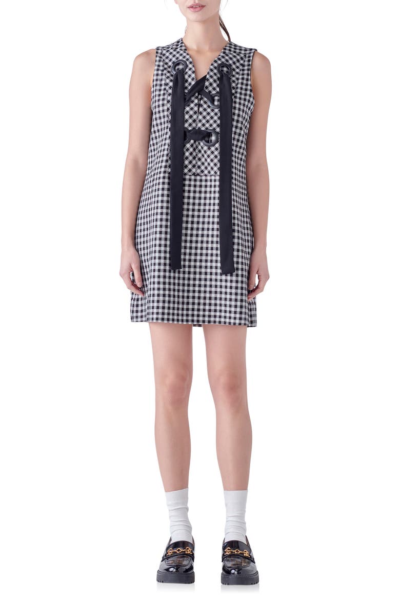 Check Grommet Sleeveless Shift Dress, Main, color, BLACK