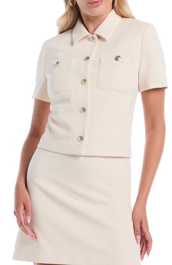Laundry By Shelli Segal Short Sleeve Button Up Jacket In White