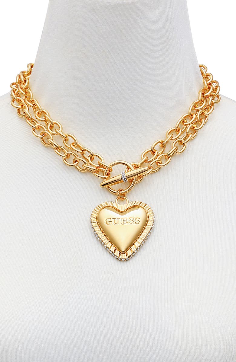 GUESS Heart Pavé Pendant Toggle Necklace, Alternate, color, Gold Tone