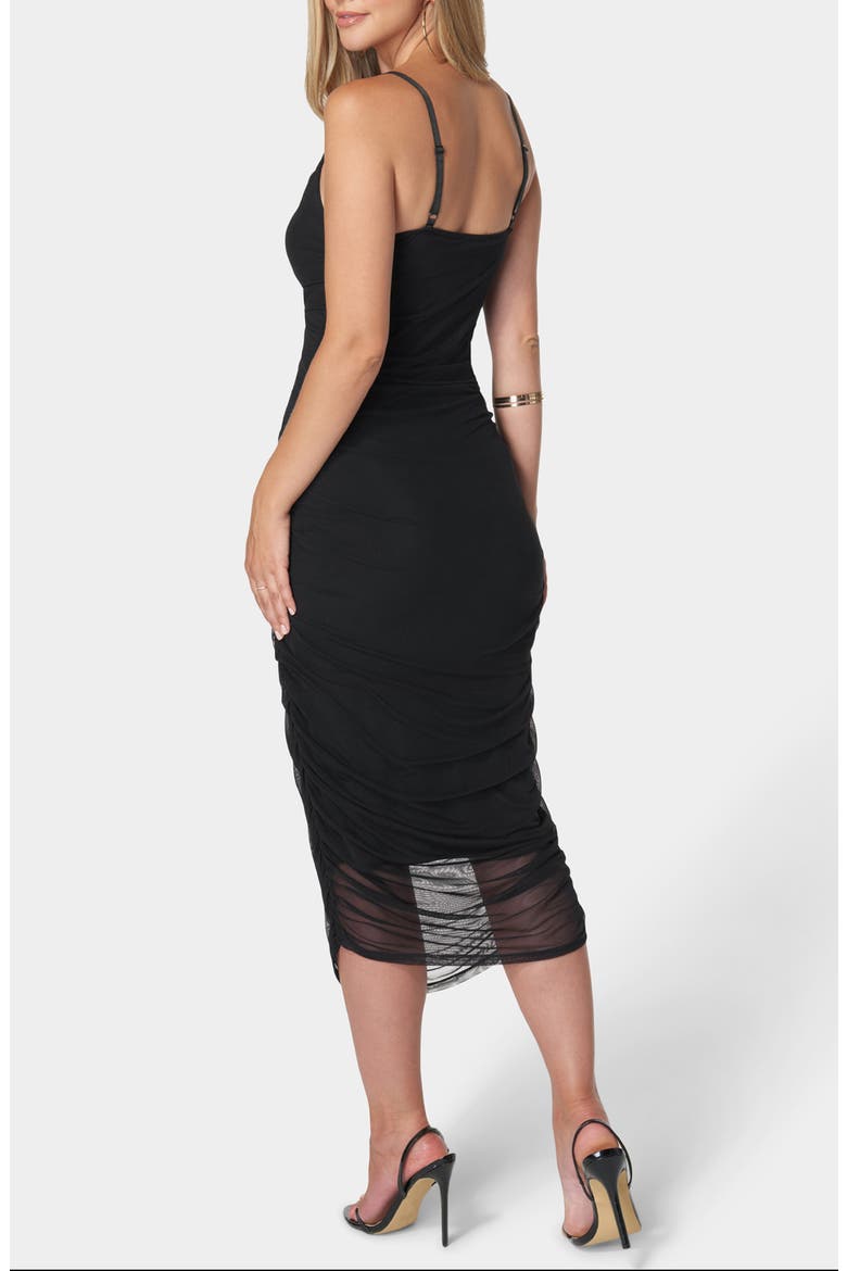 Ruched Mesh Midi Slipdress, Alternate, color, BLACK