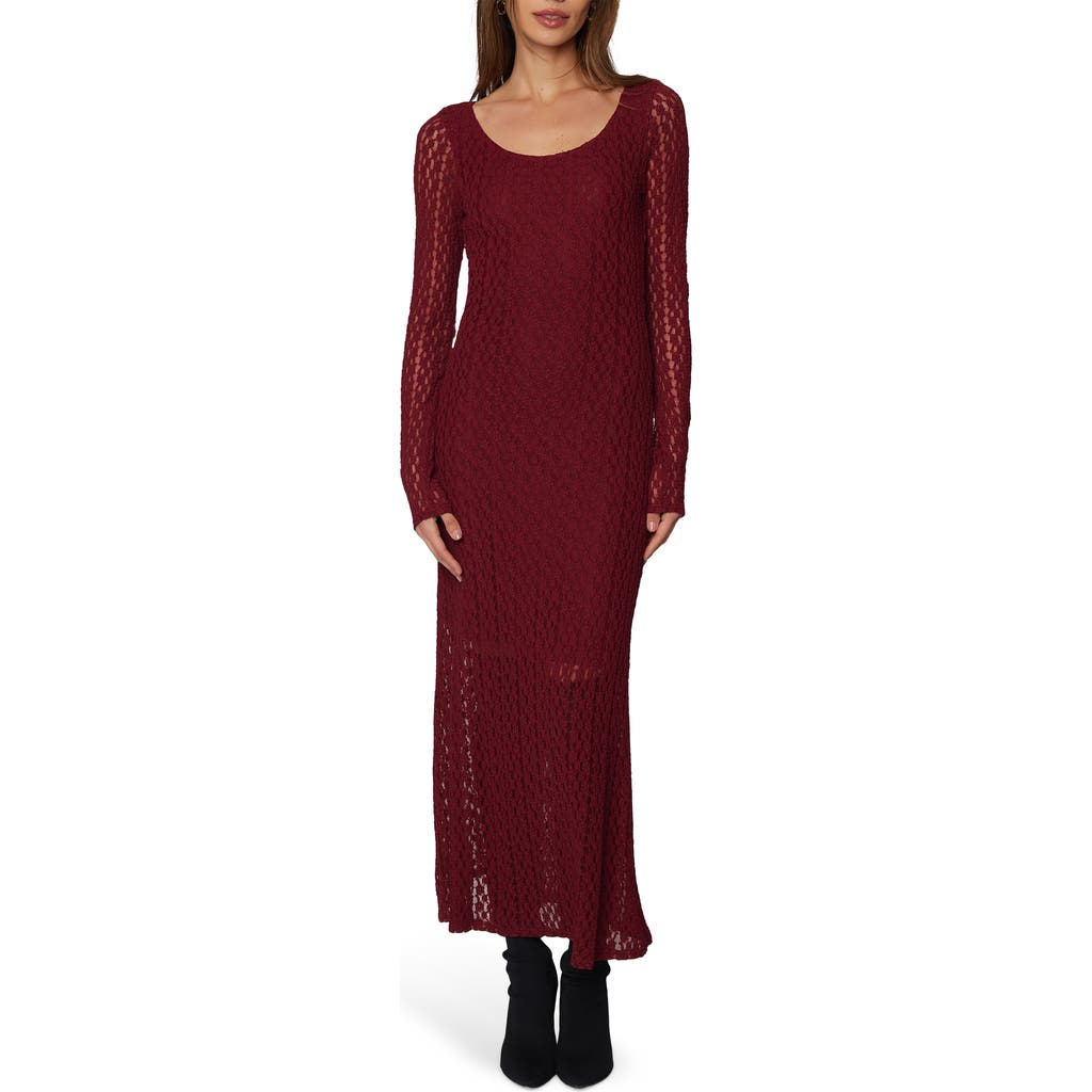 Lost + Wander Sistine Tale Long Sleeve Open Stitch Maxi Dress In Burgundy