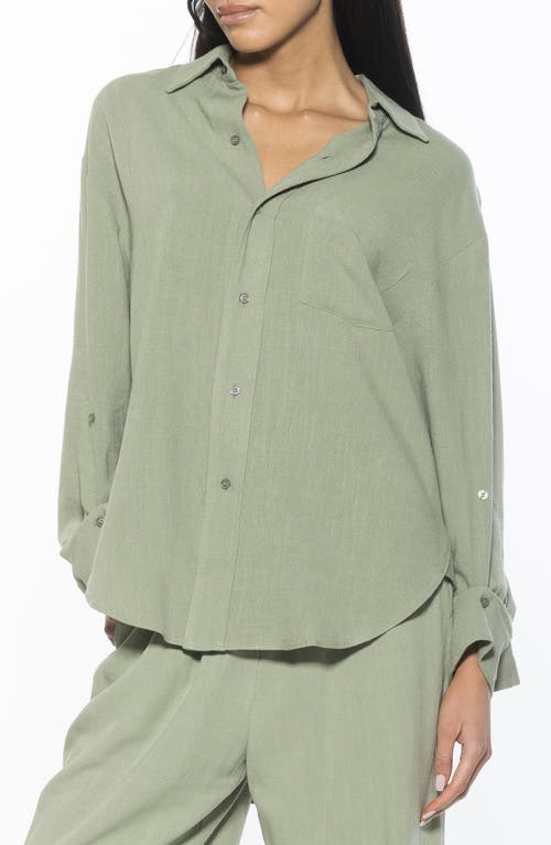 Alexia Admor Amber Oversize Long Sleeve Linen Button-up Shirt In Sage