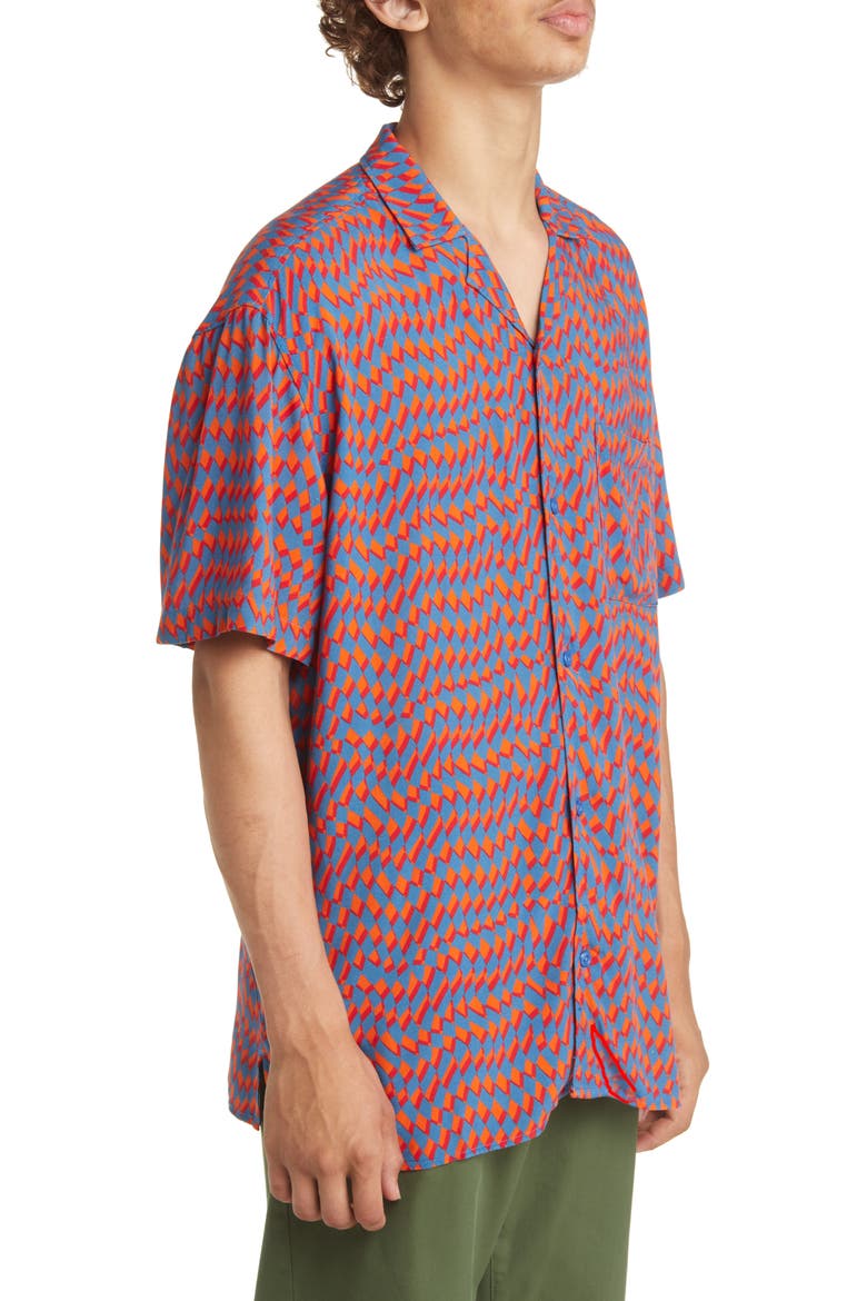 Print Short Sleeve Button-Up Camp Shirt, Alternate, color, ORANGE- BLUE DIAMOND CHECKER