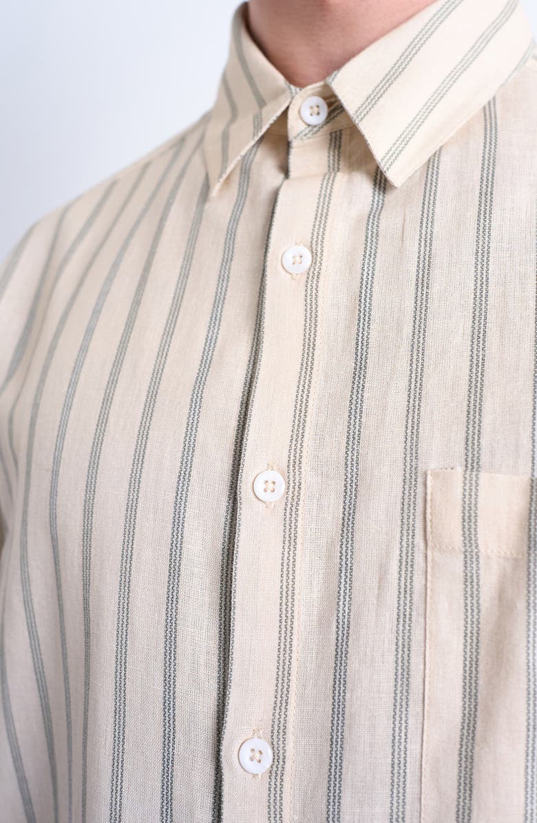 Topman Relaxed Fit Stripe Cotton & Linen Button-Up Shirt, Alternate, color, Stone