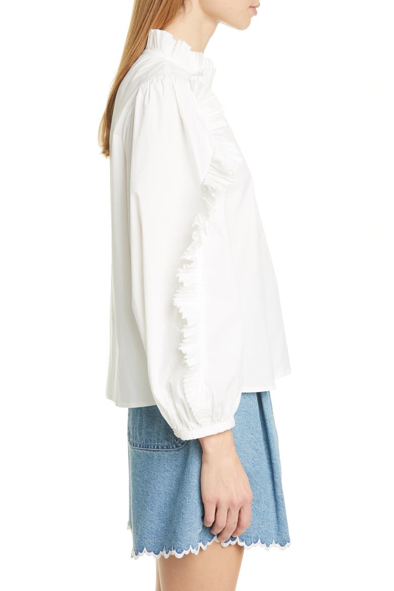 Tabitha Ruffle Balloon Sleeve Stretch Cotton Blouse, Alternate, color, WHITE