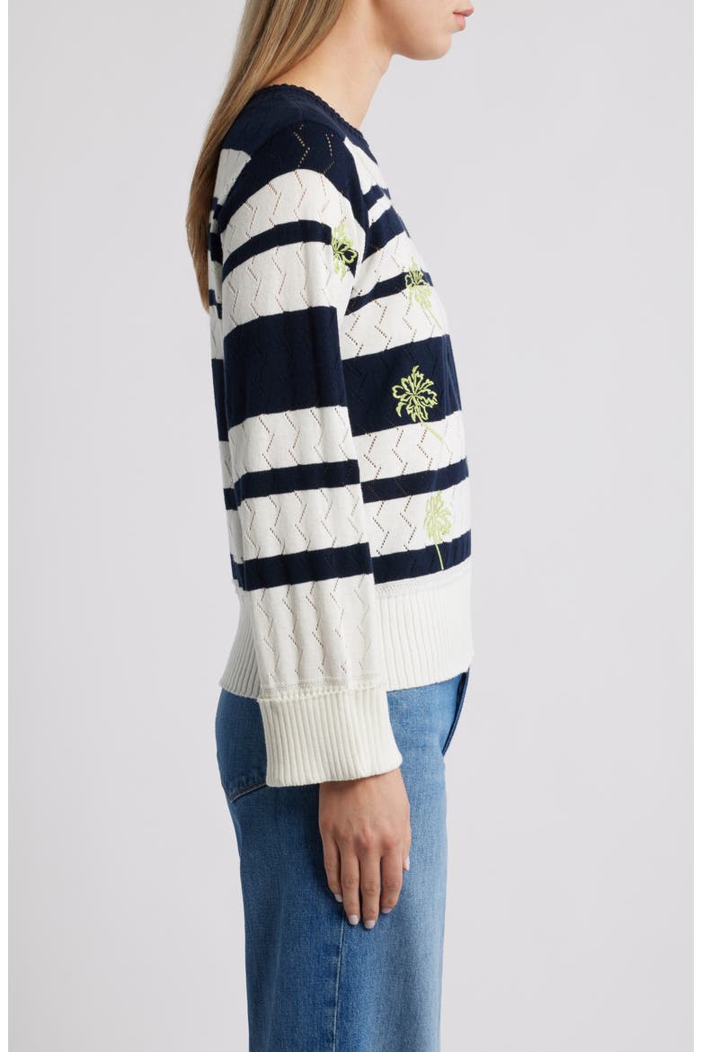 Embroidered Stripe Pointelle Sweater, Alternate, color, OFF WHITE/ NAVY MULTI