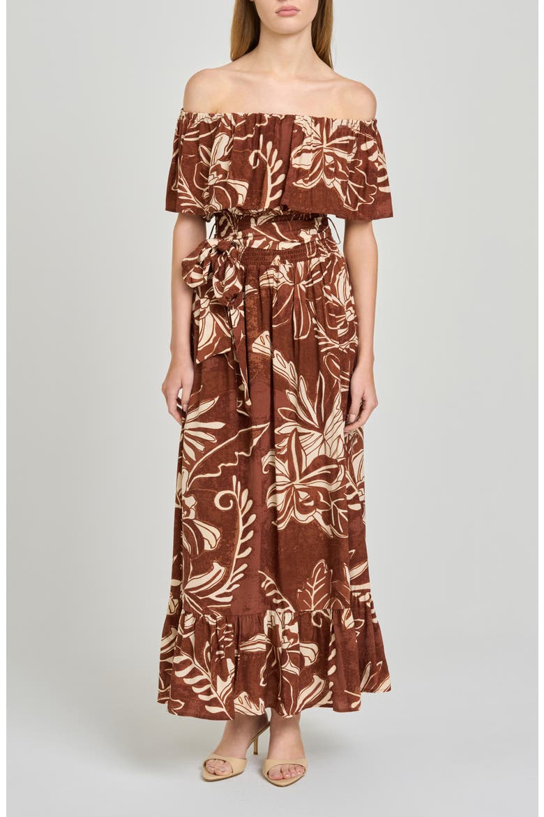 Indie Floral Print Off the Shoulder Maxi Dress, Main, color, CHOCOLATE BATIK