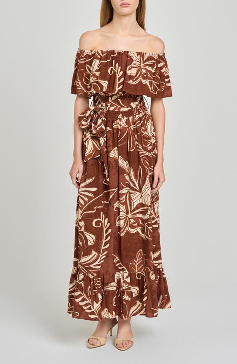 Indie Floral Print Off the Shoulder Maxi Dress