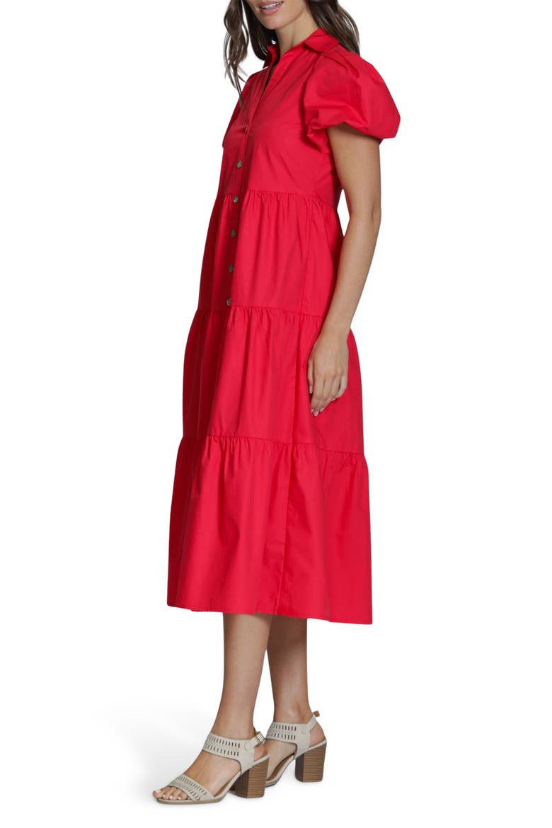 Puff Sleeve Tiered Cotton Midi Dress, Alternate, color, RED