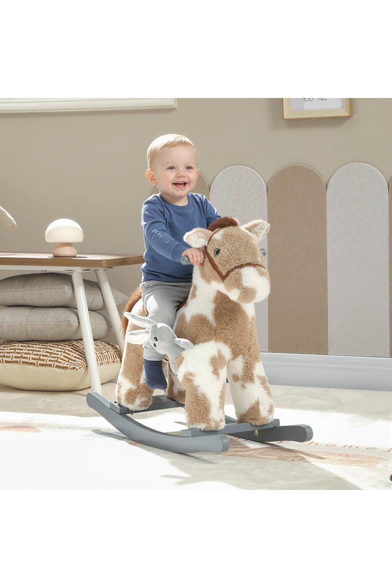 Rocking Horse Kids Plush Animal Rocker with Realistic Sound for Toddlers Soft Filling Ride on Horse with Rabbit Toy, Alternate, color, Brown