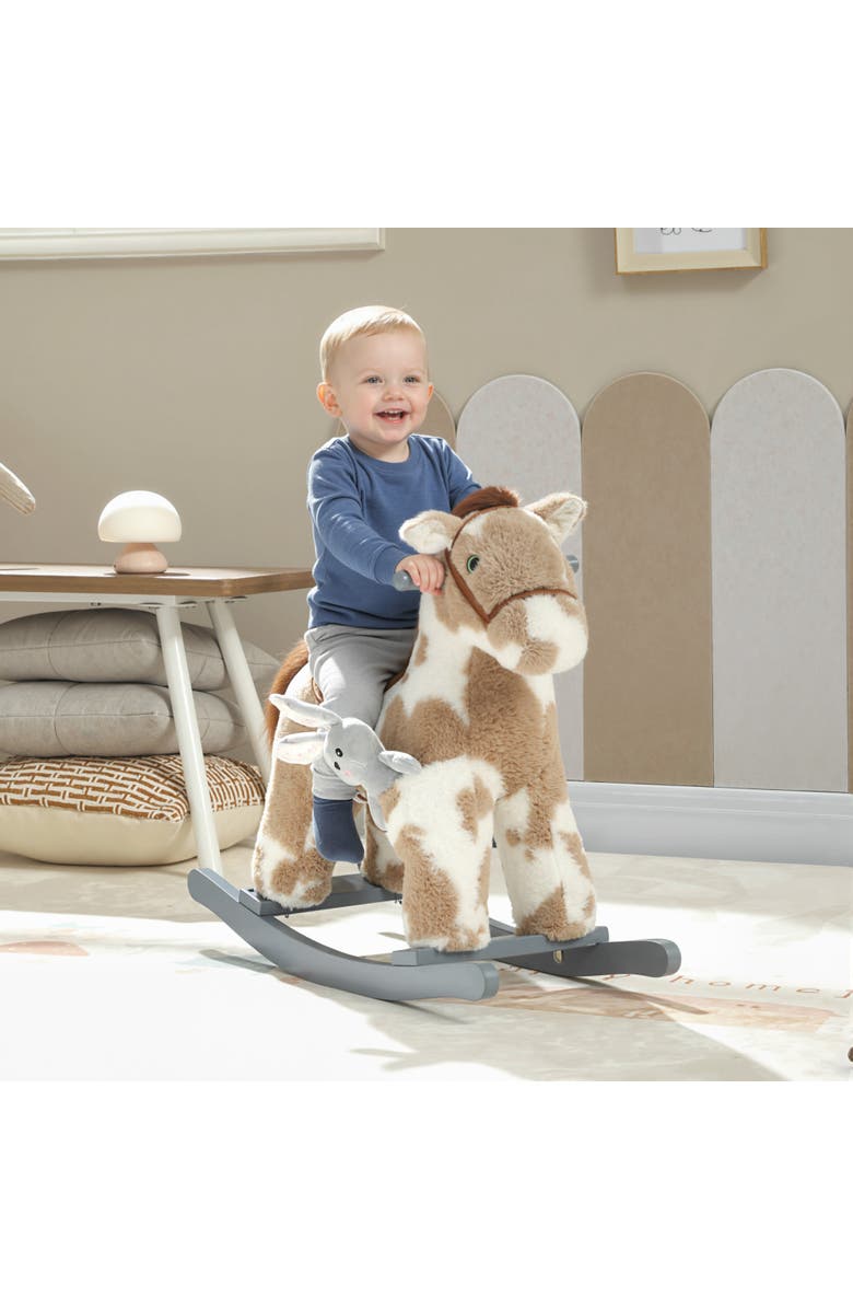 Qaba Rocking Horse Kids Plush Animal Rocker with Realistic Sound for Toddlers Soft Filling Ride on Horse with Rabbit Toy, Alternate, color, Brown