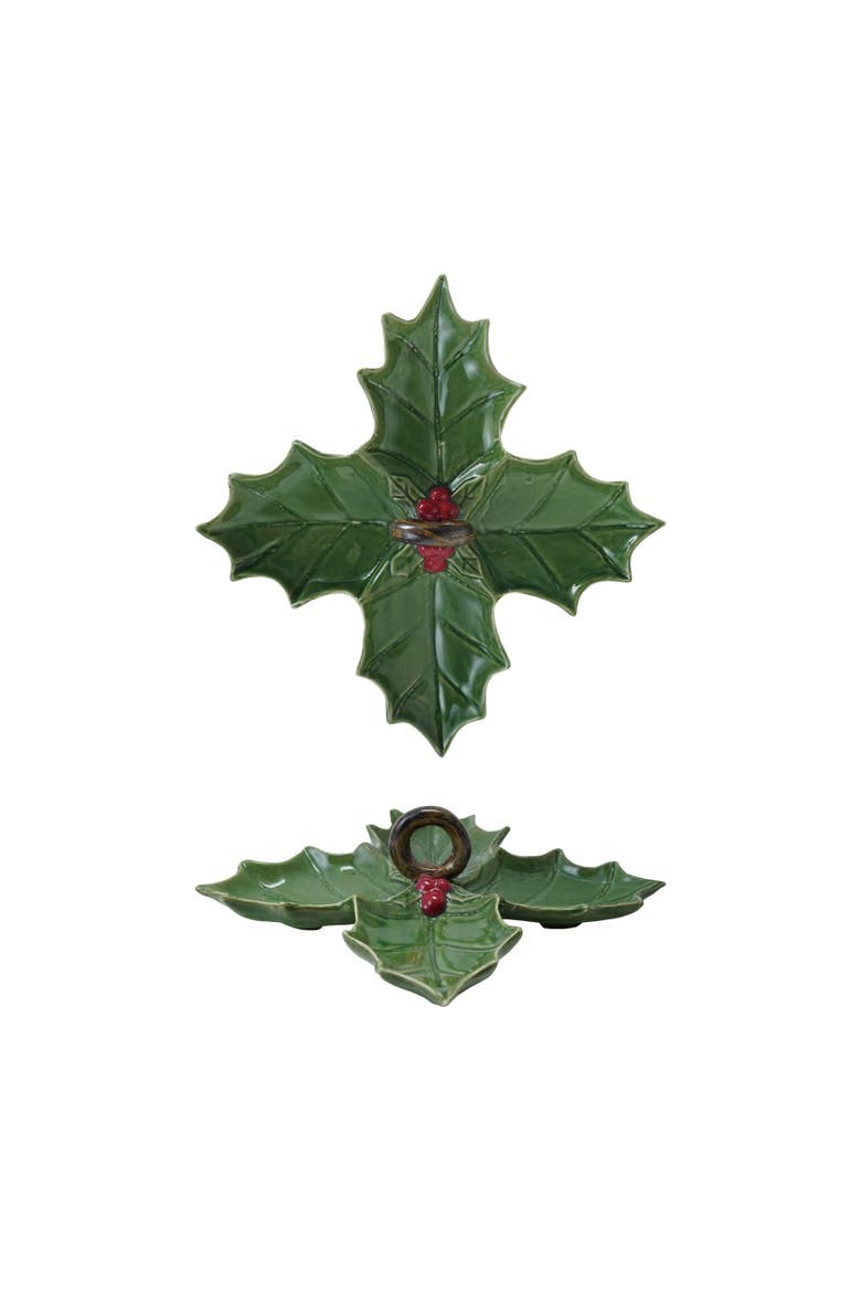 Ceramic Holly Leaf Shaped Dish with 4 Sections and Handle, Main, color, Green and Red