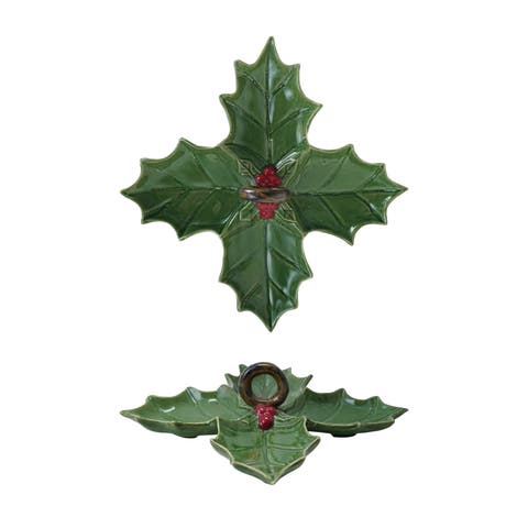 Ceramic Holly Leaf Shaped Dish with 4 Sections and Handle