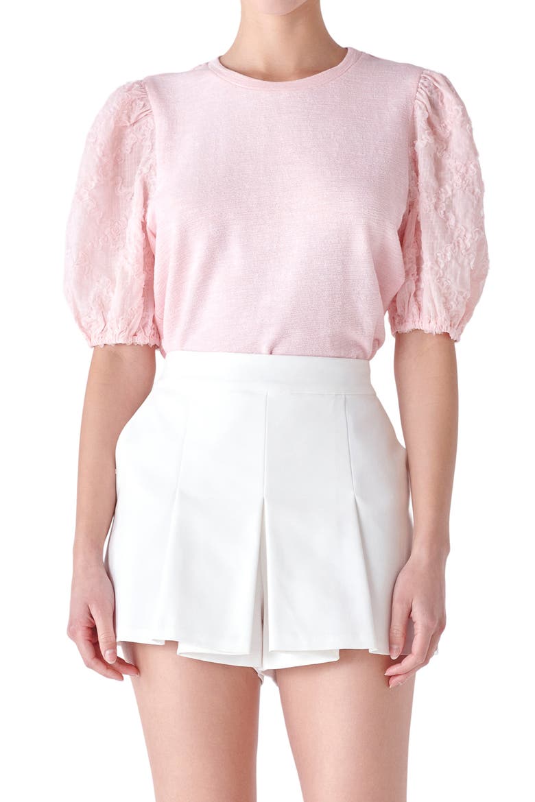 Mixed Media Puff Sleeve Top, Alternate, color, PINK