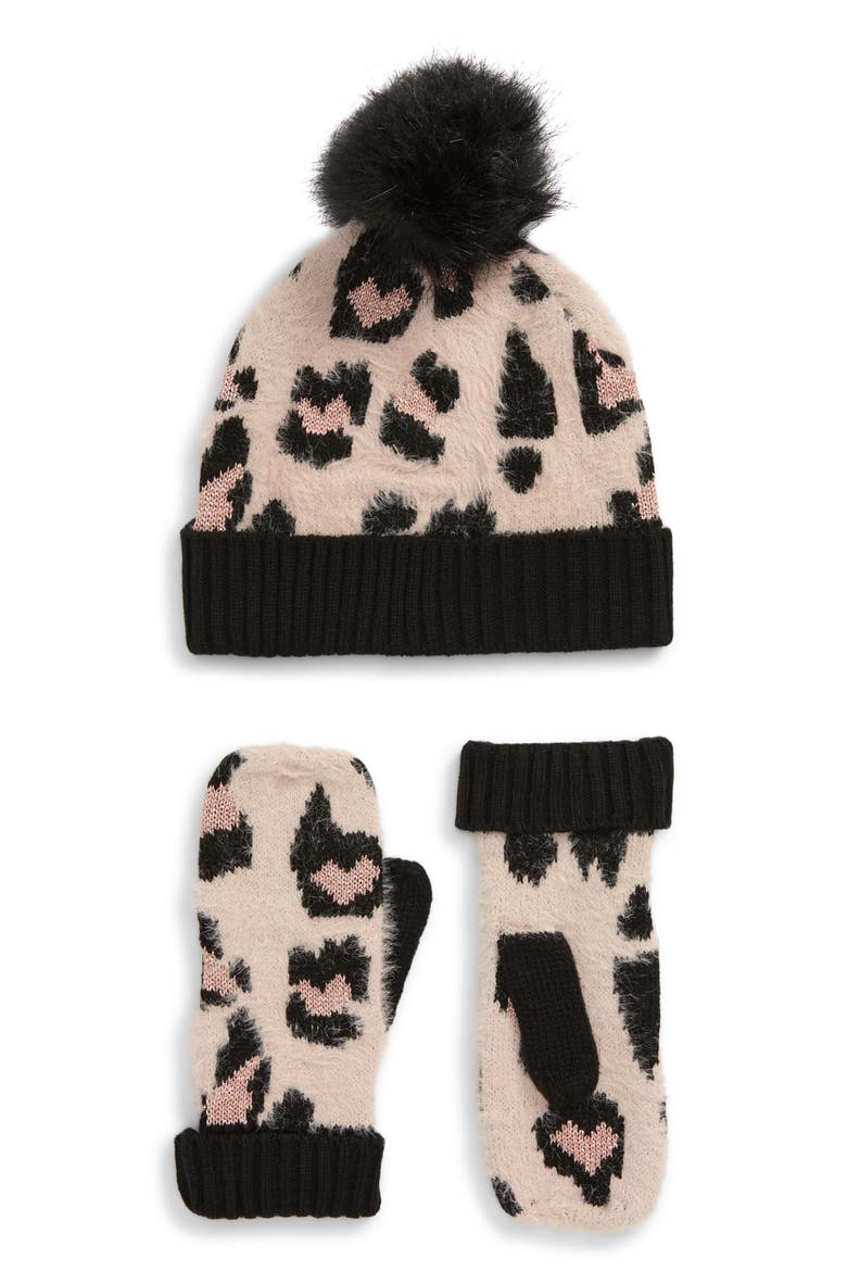 Leopard Embellished Pompom Beanie & Mittens Set, Main, color, BLACK COMBO