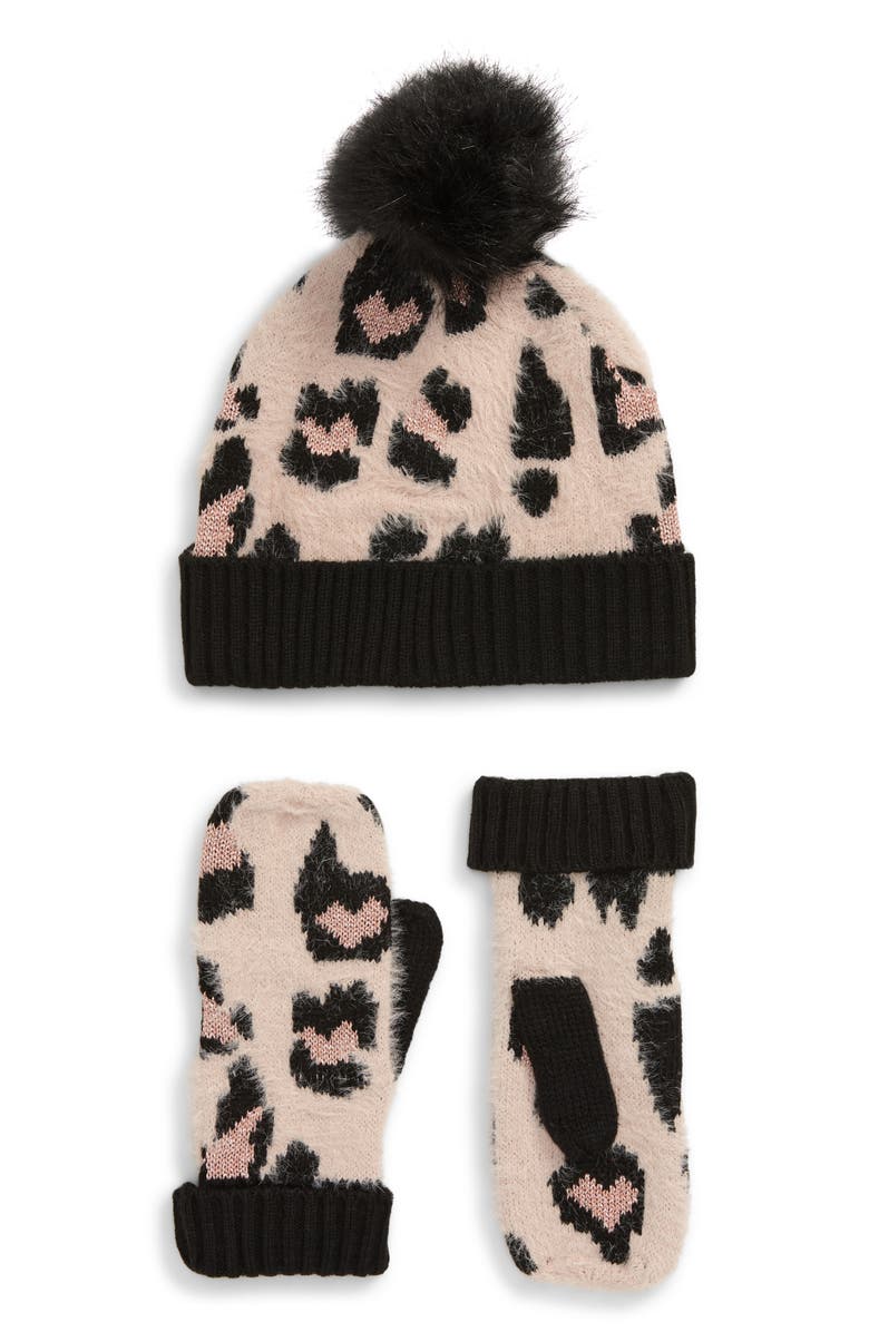 BP. Leopard Embellished Pompom Beanie & Mittens Set, Main, color, 