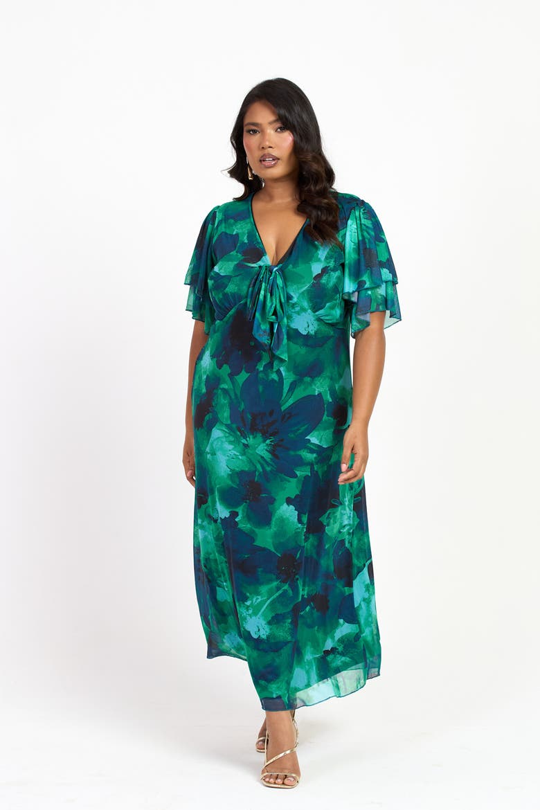 Curve Flutter Sleeve Midi Dress, Alternate, color, Green
