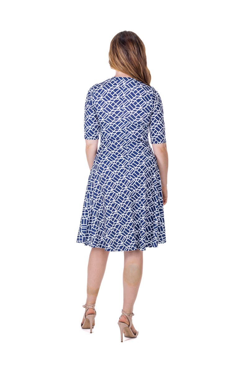 24seven Comfort Apparel Geometric Print Knee Length Elbow Sleeve Dress, Alternate, color, Navy Multi
