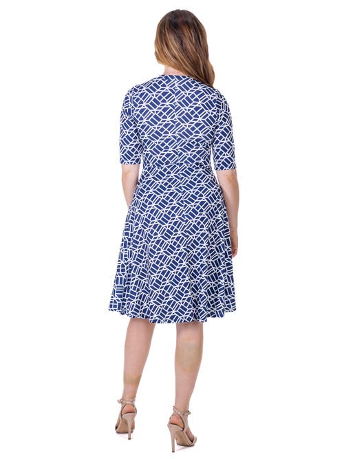 24seven Comfort Apparel Geometric Print Knee Length Elbow Sleeve Dress In Blue