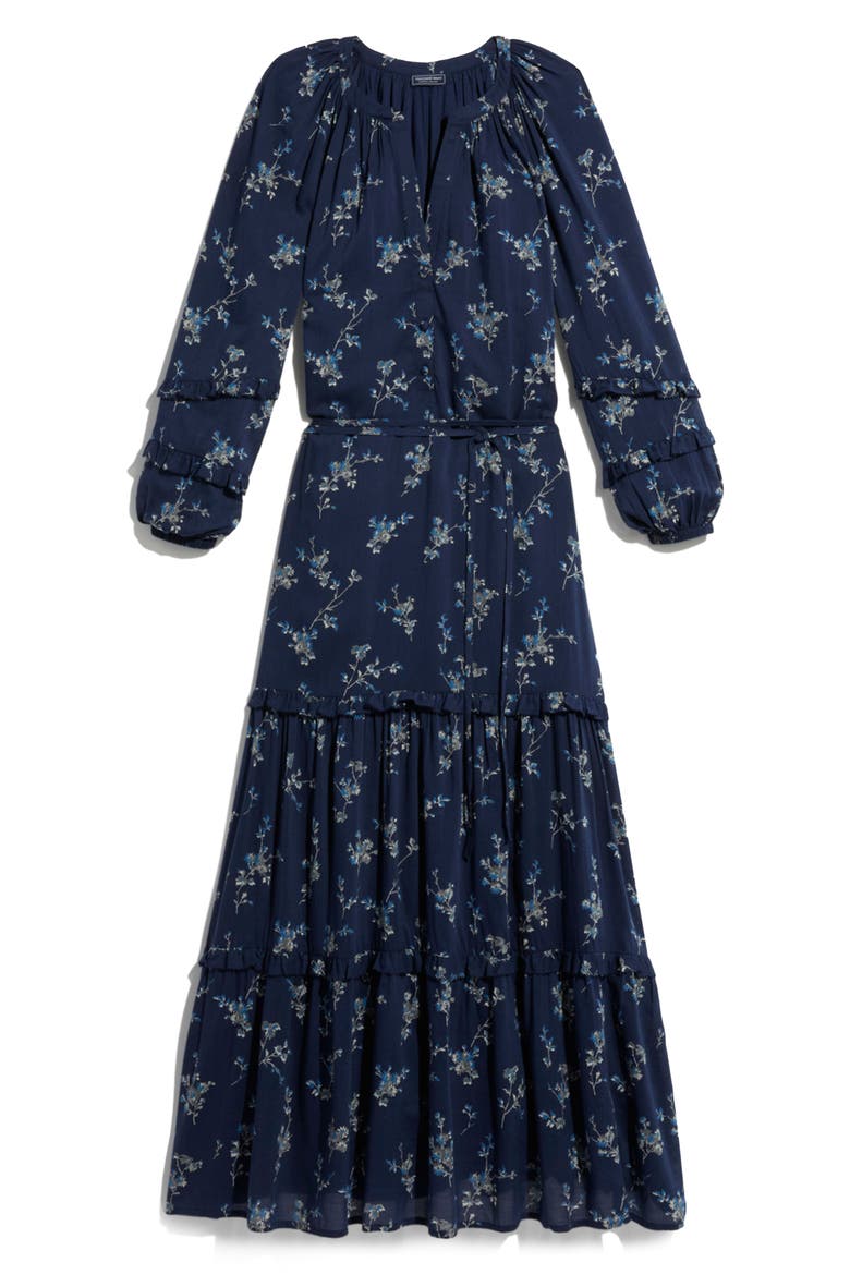 Geo Print Long Sleeve Tiered Cotton & Silk Dress, Alternate, color, SIENNA FLORAL - NAVY
