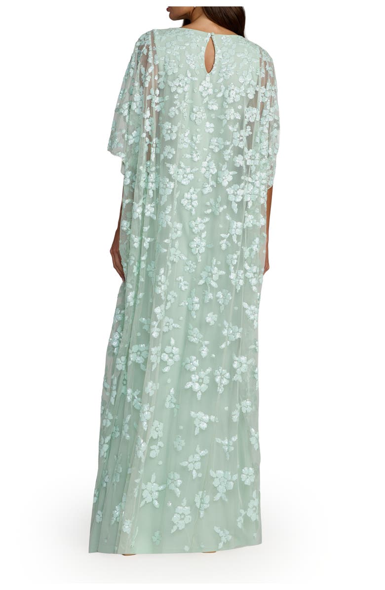 Mac Duggal Sequin Floral Cape Sleeve Caftan Gown, Alternate, color, Seafoam
