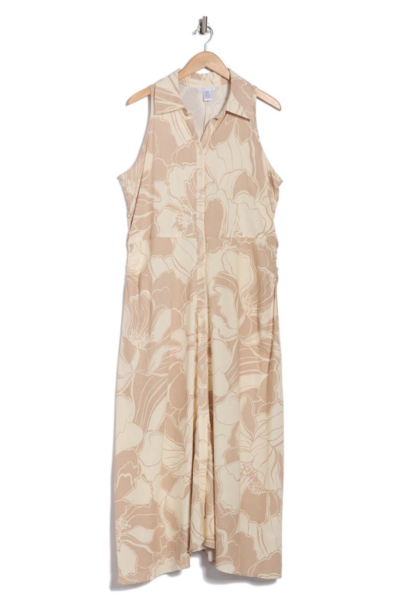 Floral Side Ruched Linen Blend Midi Dress, Alternate, color, BLUSH/ BEIGE