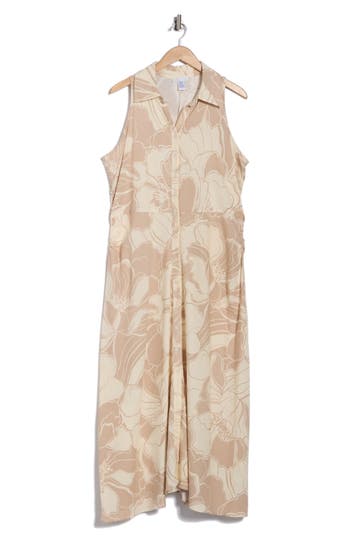 London Times Floral Side Ruched Linen Blend Midi Dress In Brown