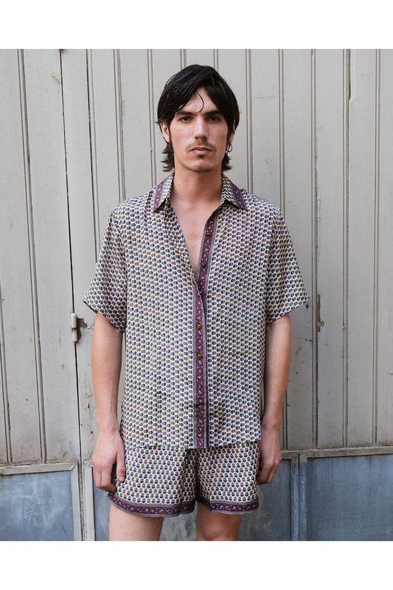 Embossed Botanical Short Sleeve Crepe Shirt, Alternate, color, Forest plum