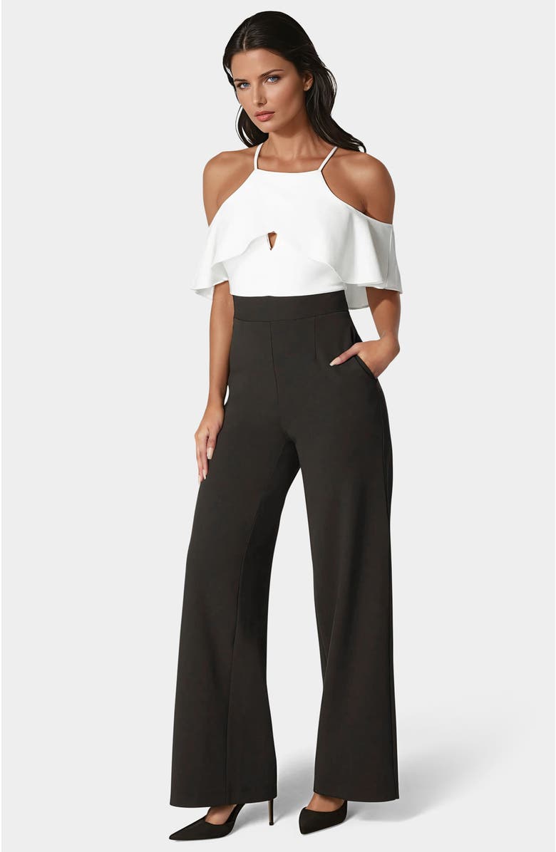 bebe Cold Shoulder Palazzo Leg Jumpsuit, Alternate, color, 
