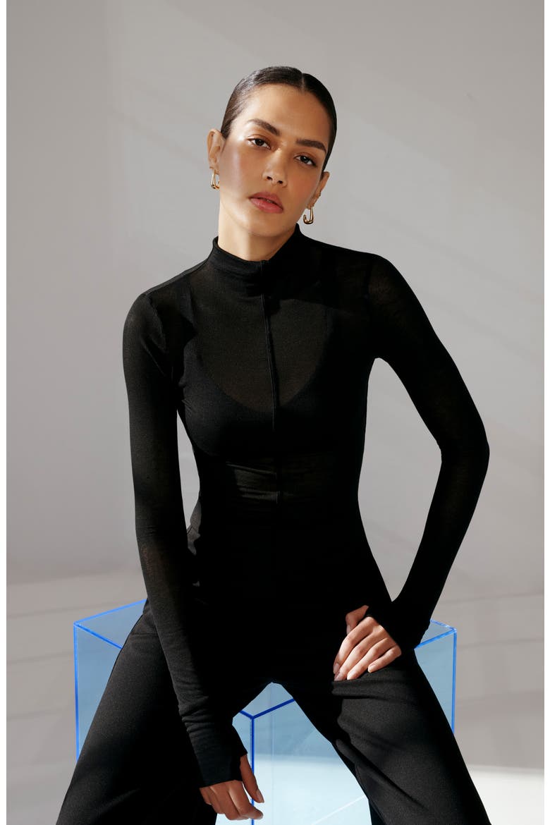 Alicia Sheer Mock Neck Knit Top, Alternate, color, BLACK