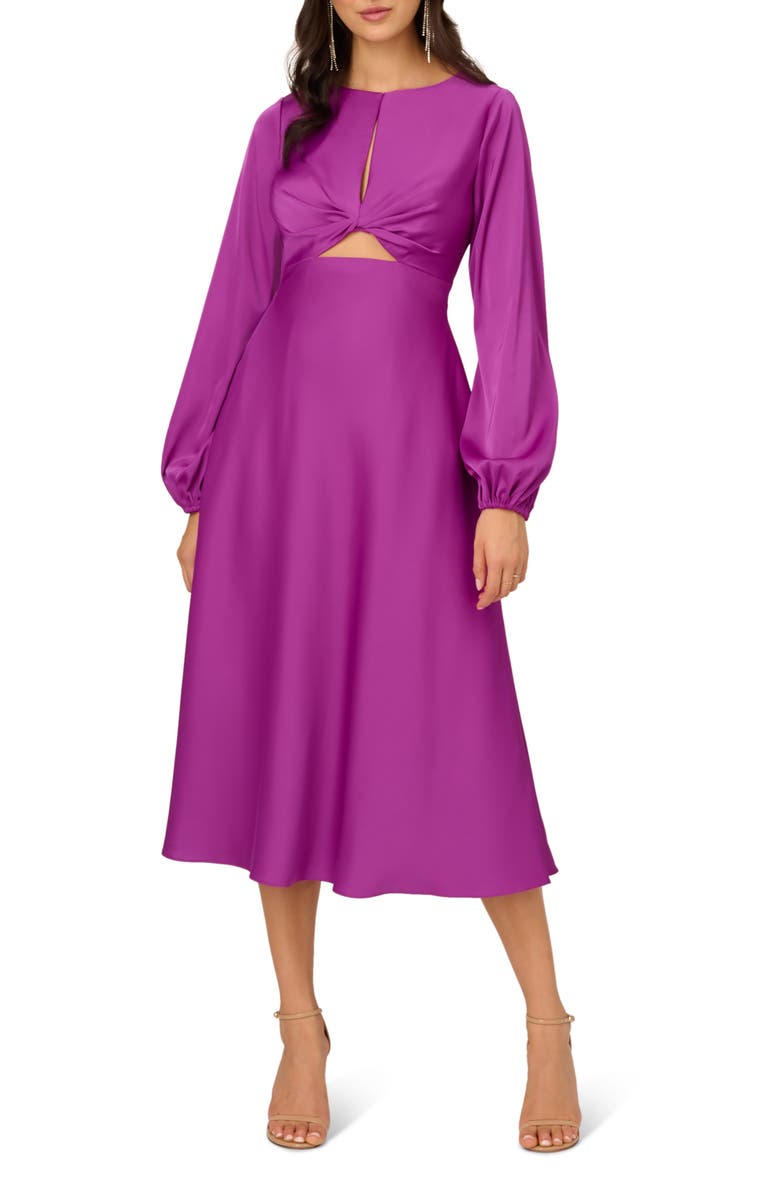 LIV FOSTER Long Sleeve Stretch Satin Midi A-Line Dress, Alternate, color, 