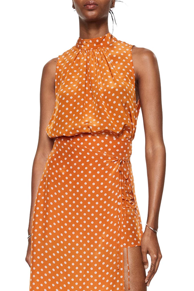 Polka Dot Satin Sleeveless Blouse, Main, color, BROWN