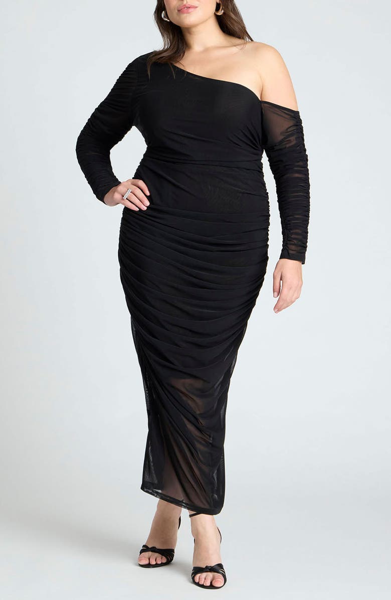 ELOQUII Ruched One-Shoulder Long Sleeve Body-Con Maxi Dress, Main, color,