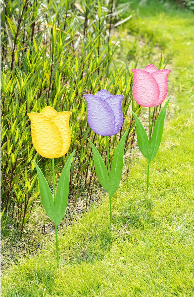 Glitzhome Set of 3 Easter Metal Tulips Yard Stake, Alternate, color, Yellow
