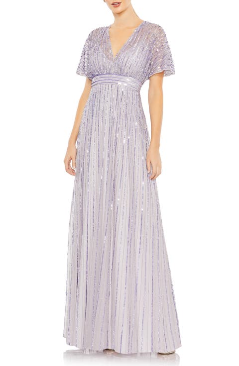 Sequined Butterfly Sleeve A Line Gown