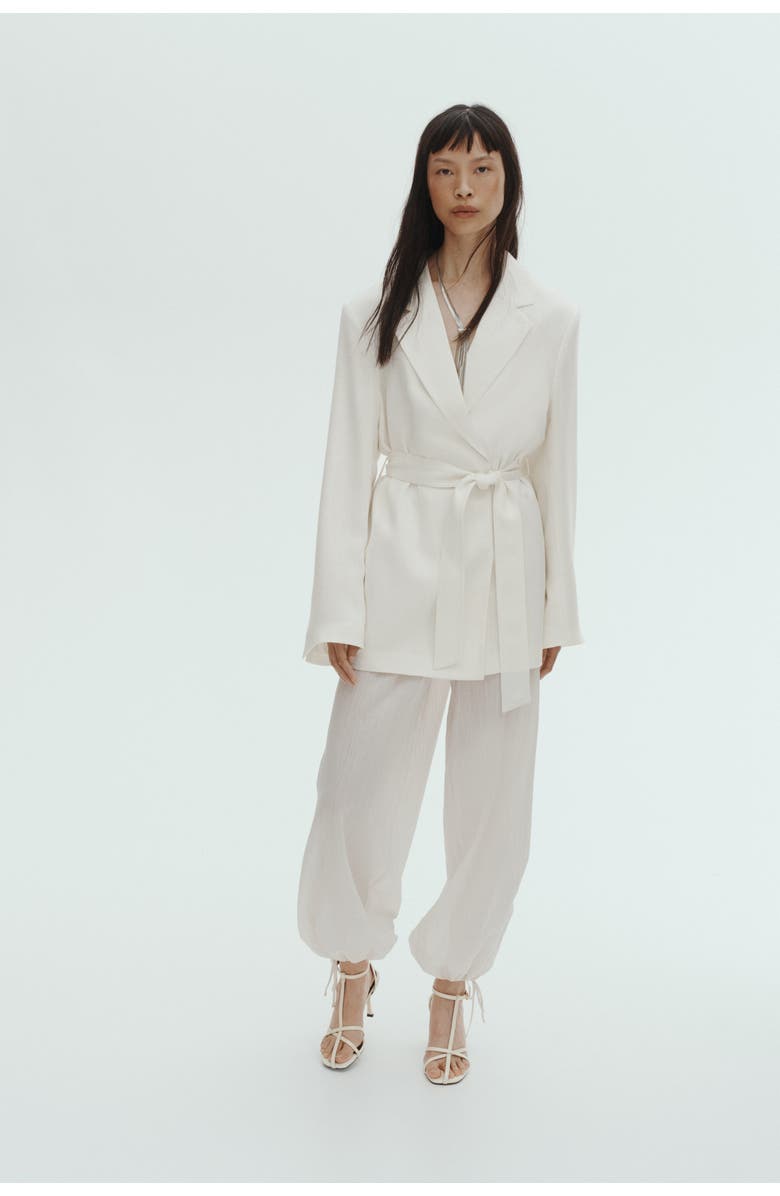 H&M Textured-weave Tie-belt Blazer, Alternate, color, Cream