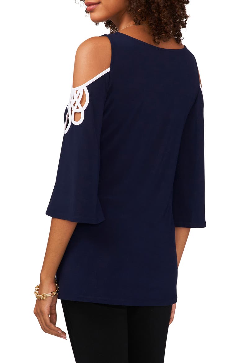 Cold Shoulder Three-Quarter Sleeve Blouse, Alternate, color, NAVY/WHITE