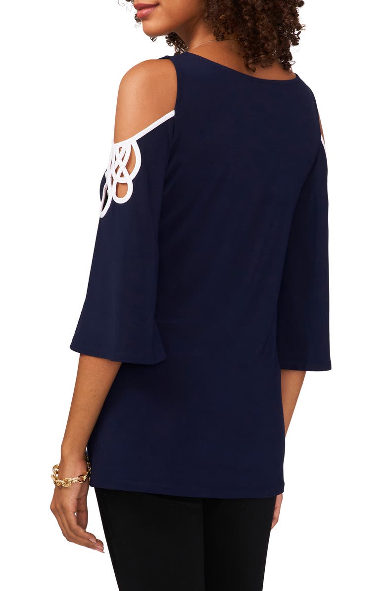 Chaus Cold Shoulder Three-Quarter Sleeve Blouse, Alternate, color, Navy/White