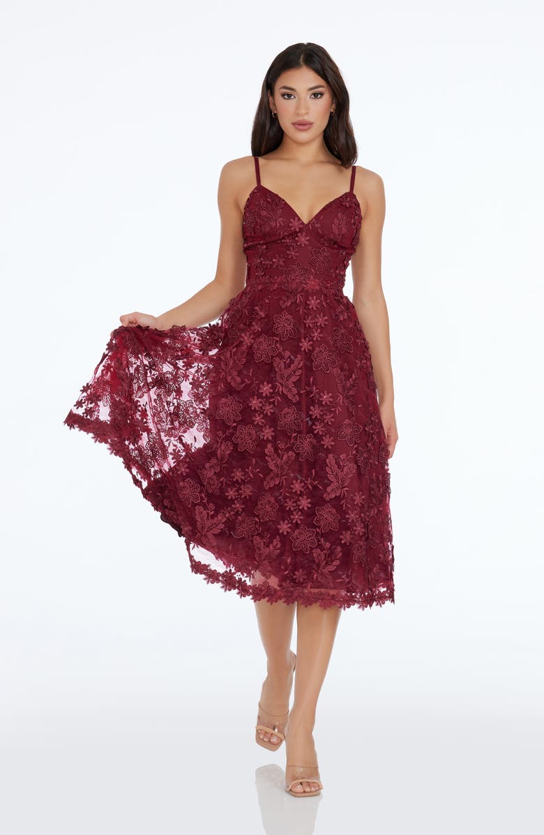 Dress the Population Tahani Floral Embroidered Fit & Flare Midi Dress, Alternate, color, Burgundy
